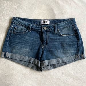 Paige Jimmy Jimmy Dark Blue Denim Mid Rise Raw Cuffed Shorts 3” Inseam